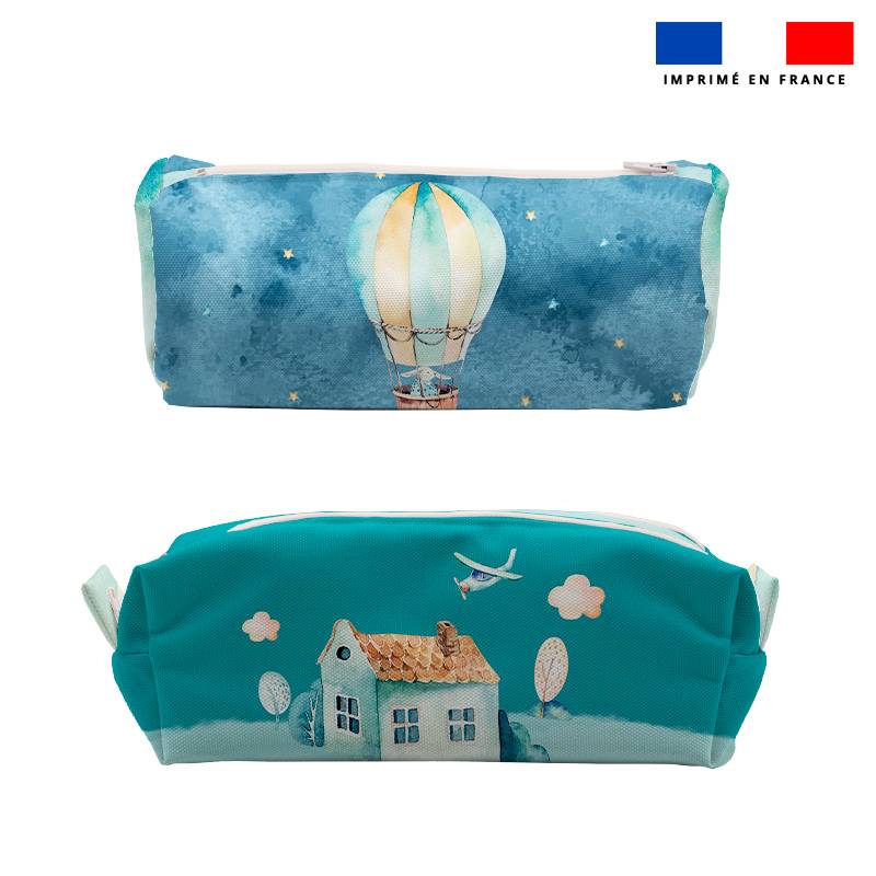 Kit trousse double compartiment motif montgolfière aquarelle + 1 trousse assortie