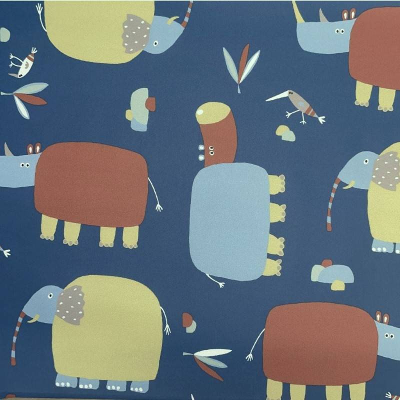 Tissu imperméable type ciré bleu motif hippopotame