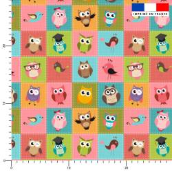 coupon - Coupon 50cm - Hibou et chouette mosaïque - Fond multicolore - Double gaze 125 gr/m² - 139 cm