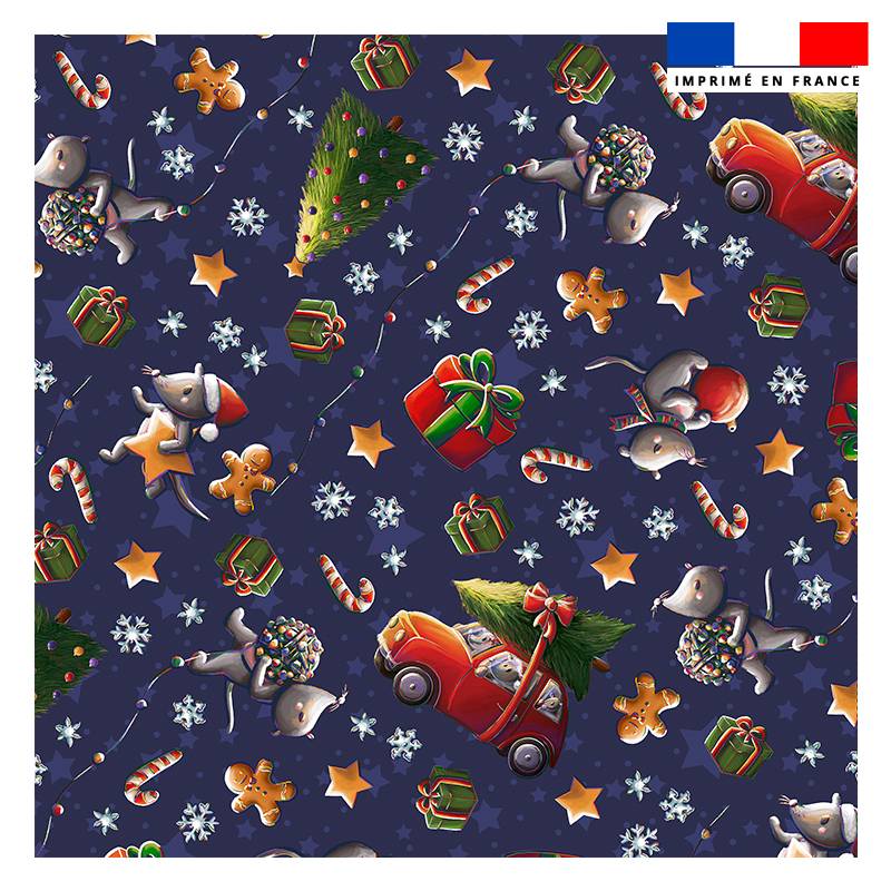 Coupon 45x45 cm imprimé souris de noel bleu - Création Stillistic