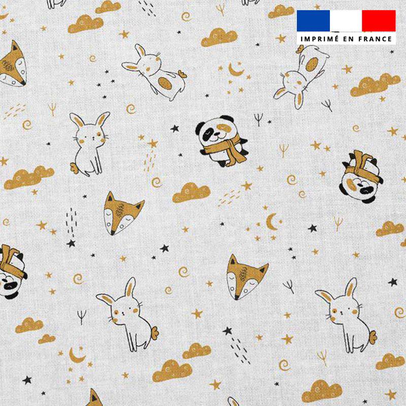 coupon - Coupon 100cm - Popeline de coton blanche peigné motif animaux et nuit étoilée ocre - Popeline de coton peigné 129gr/m² - 144 cm