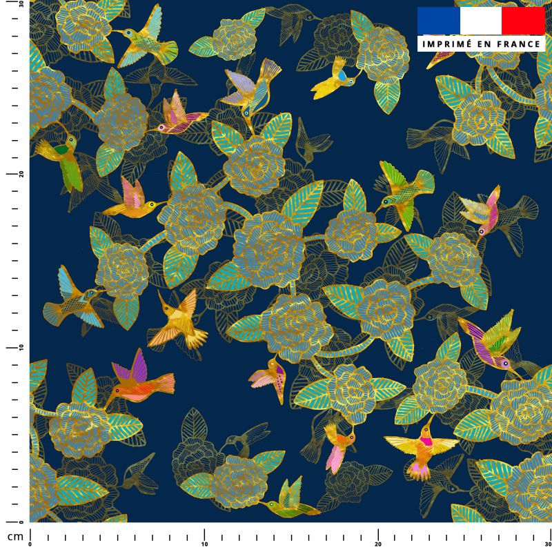 coupon - Coupon 50cm - Oiseau et fleur - Fond bleu marine - Création Lita Blanc - Tissu imperméable 300gr/m² - 150 cm