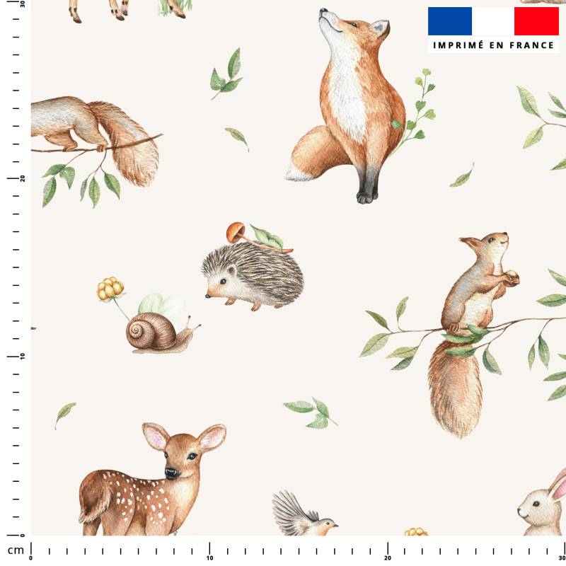 coupon - Coupon 200cm - Faon lapin et renard des bois - Fond beige clair - Éponge bambou 290 gr/m² - 150 cm