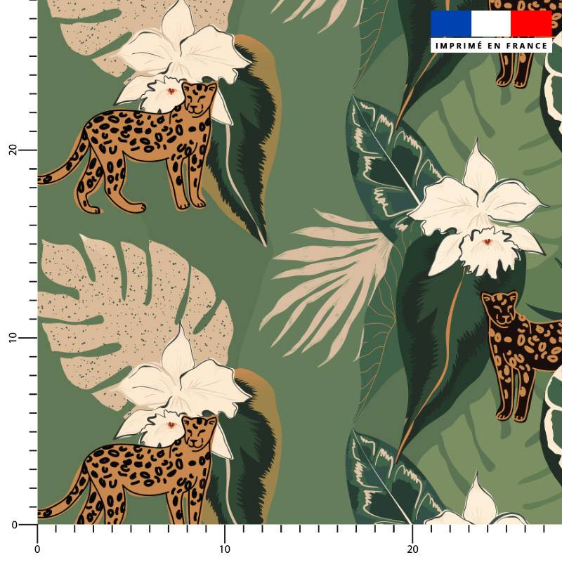 coupon - Coupon 190cm - Jungle abstrait et léopard - Fond vert kaki - Tissu occultant 250 gr/m² - 146 cm