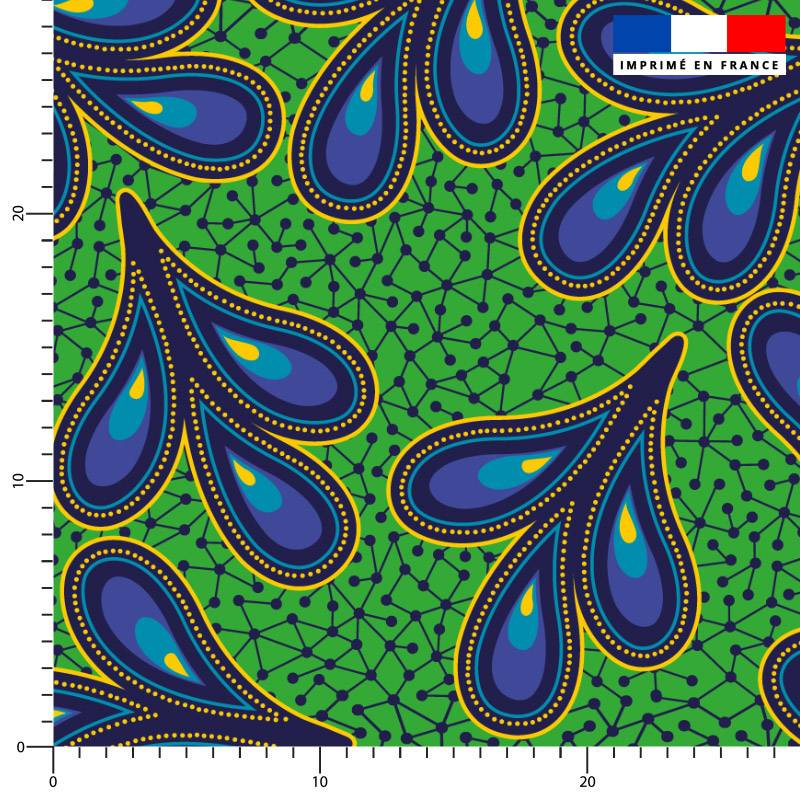 coupon - Coupon 95cm - Wax feuille bleu - Fond vert - Satin 110 gr/m² - 144 cm