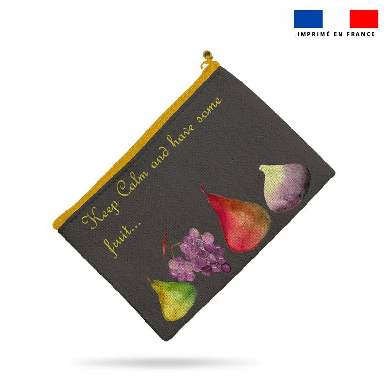 Kit pochette gris foncé motif fruits et feuilles - Création Cat&Colours