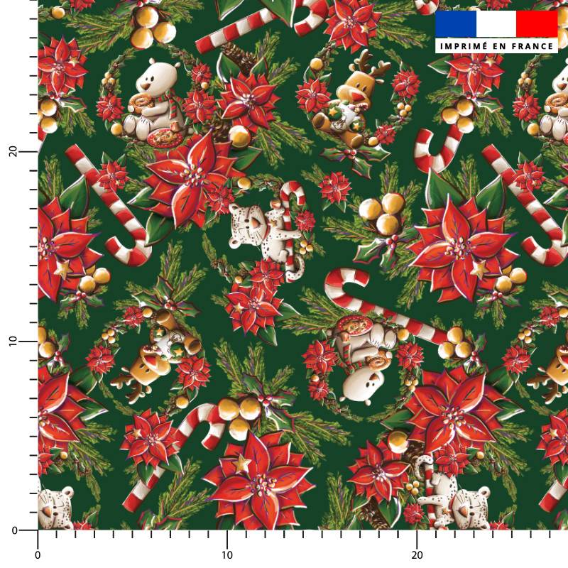 coupon - Coupon Défaut petite marque rouge dans le motif 50cm - Animaux couronne et fleur de noel - Fond vert - Création Stillistic - Popeline de coton peigné 129gr/m² - 144 cm