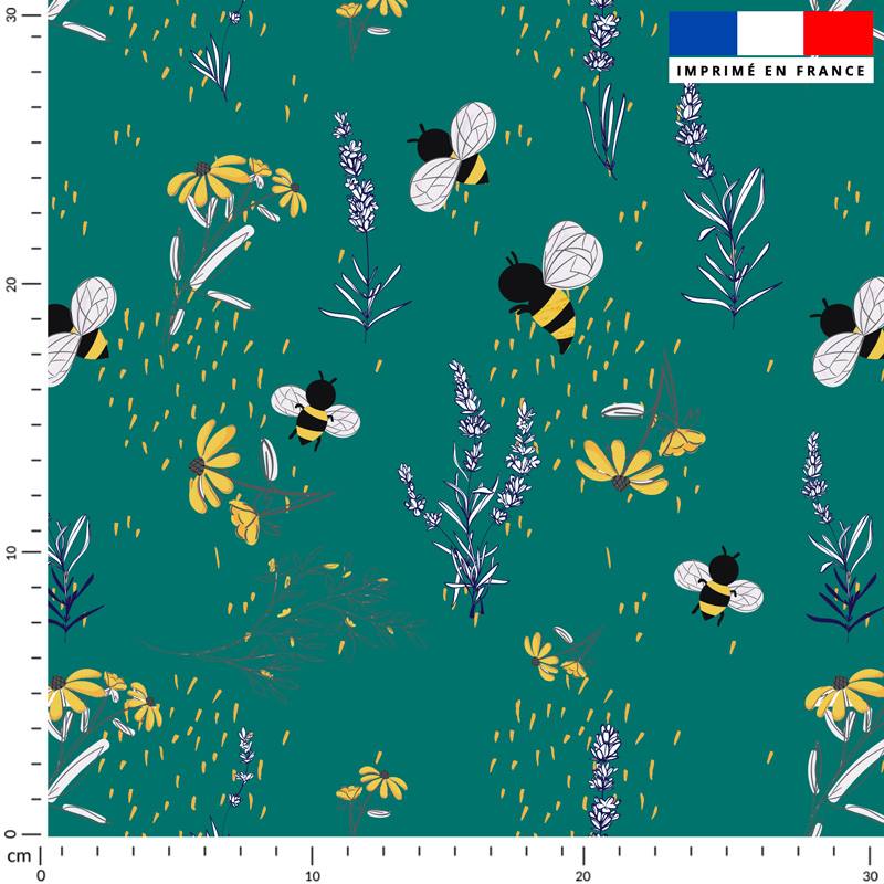 coupon - Coupon 55cm - Bouton d'or lavande et abeille - Fond vert - Satin 110 gr/m² - 144 cm