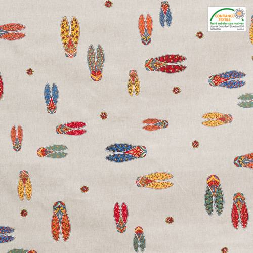 Tissu provençal grège motif cigale multicolore